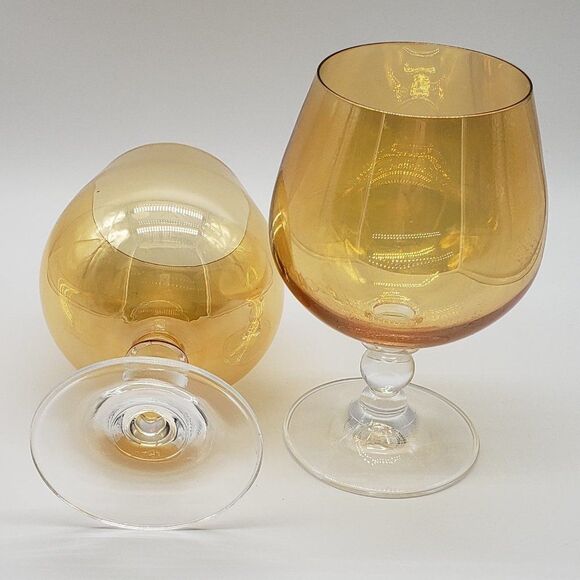 Set of 2 Iridescent Amber Glass 6" Brandy Snifters - Picture 4 of 10